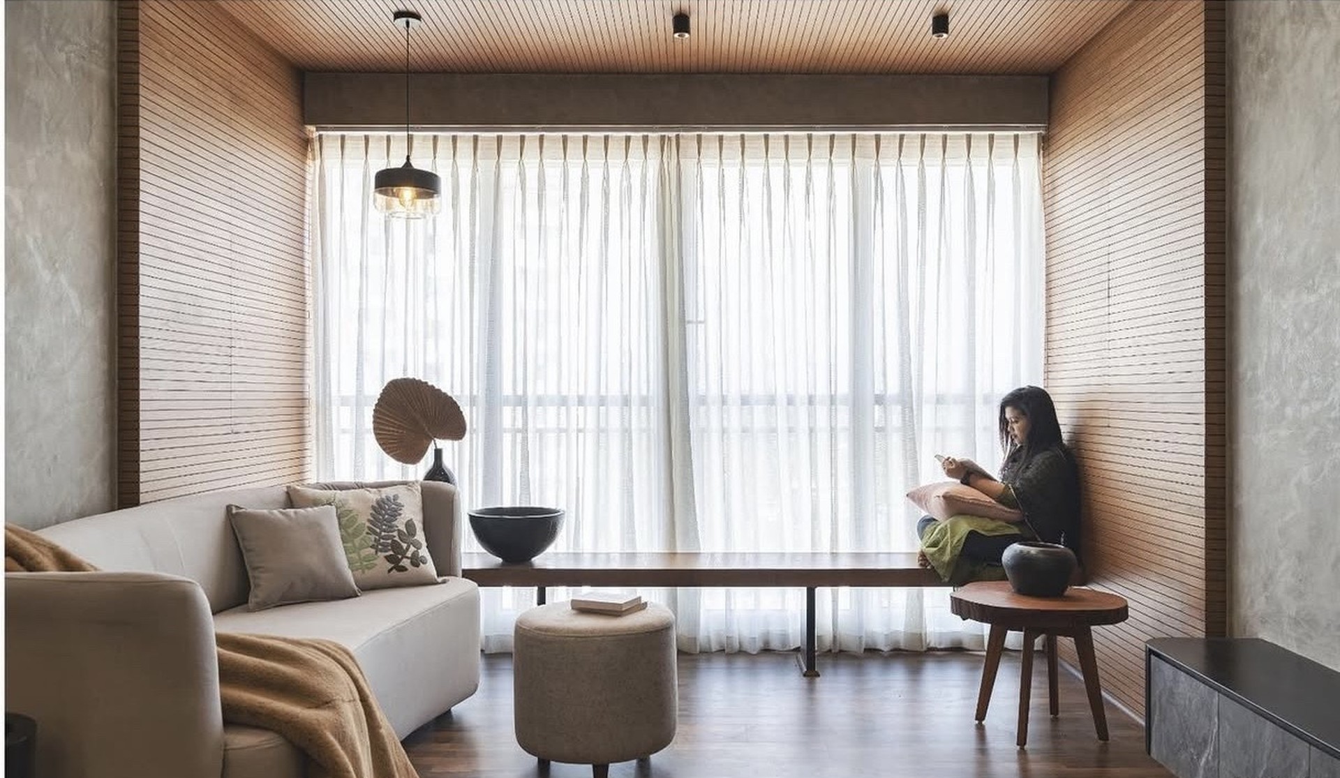 Minimalist Living Area and Window Seating Design by Jahasil Design Studio Calicut